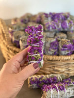 Load image into Gallery viewer, White Sage Smudge Stick with Purple Flowers
