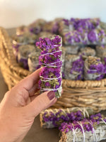 Load image into Gallery viewer, White Sage Smudge Stick with Purple Flowers