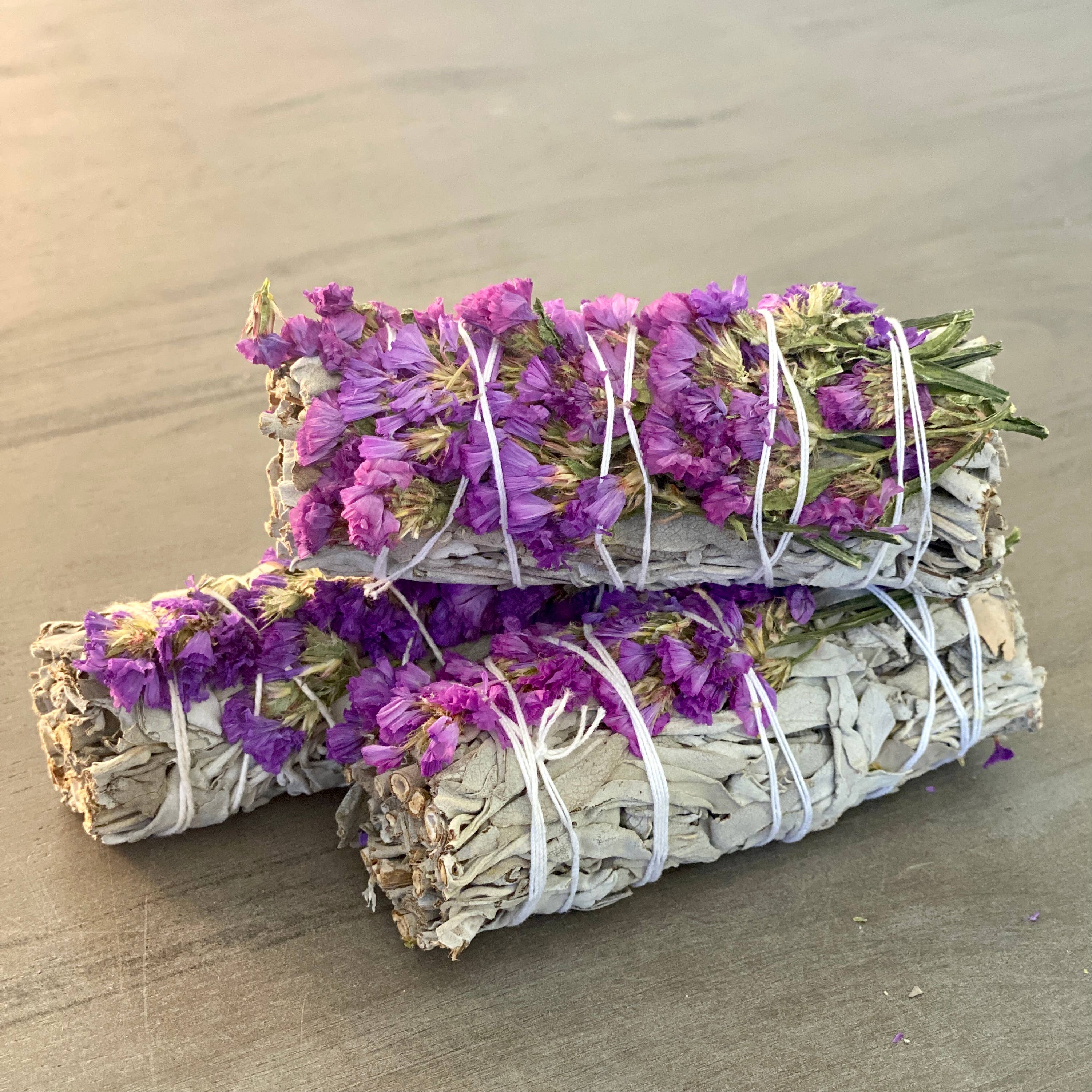 White Sage Smudge Stick with Purple Flowers