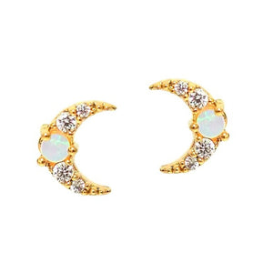 Moon Stud Earrings with Opal Center