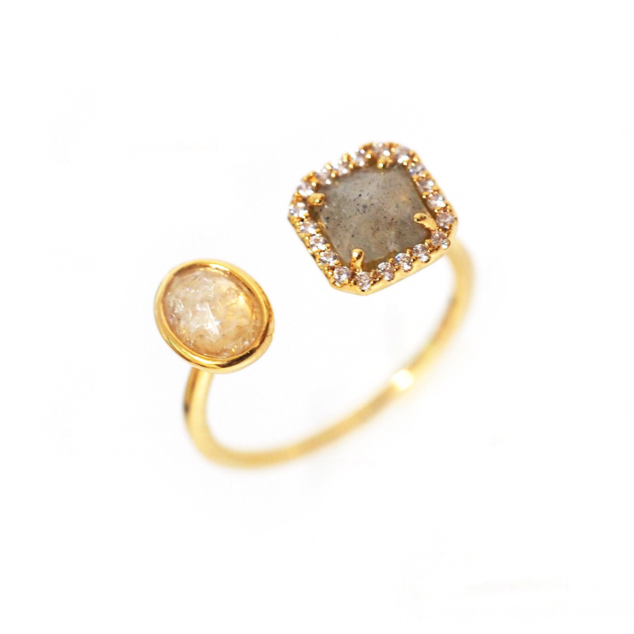 Gold Ring with Labradorite and Cats Eye