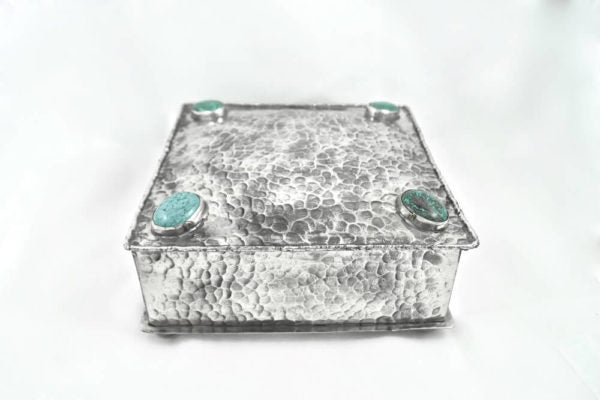 Stamped Square Box with Four Turquoise Stones - Wanderlustre